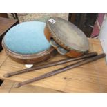 Tambourine, drum sticks & Victorian foot stool
