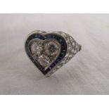 Heart shaped diamond ring with baguette sapphires - Possibly platinum