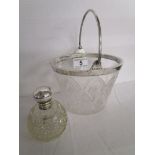 Silver topped perfume bottle and small silver mounted bucket