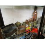 Shelf of brass and copper to include watering cans