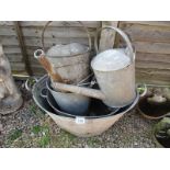 Collection of vintage watering cans, buckets & tin baths