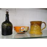 Early glass bottle, Clarice Cliff bowl and treacle ware jug - All A/F