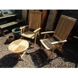 Pair of teak garden chairs and small table