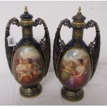 Pair of large & early hand painted & signed Continental lidded urns - H: 40cm