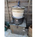 Metal box, enamel buckets etc