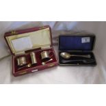 Boxed silver condiment set & cased silver spoon and fork