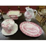 4 pieces of red and white china to include Pallisey meat plate