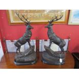 Bronzes - Impressive pair stags on marble bases - Approx 70cm tall