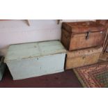 Pine blanket box & 2 metal trunks