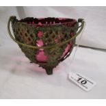 Victorian cranberry glass sugar bowl