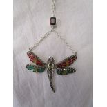 Silver champlevé enamel dragonfly pendant on chain