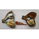 2 cased Meerschaum pipes and another clay pipe
