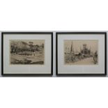 2 etchings by William Monk - Selby Abbey & Riding in London Park