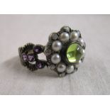 Gold peridot, amethyst, pearl & diamond cluster ring