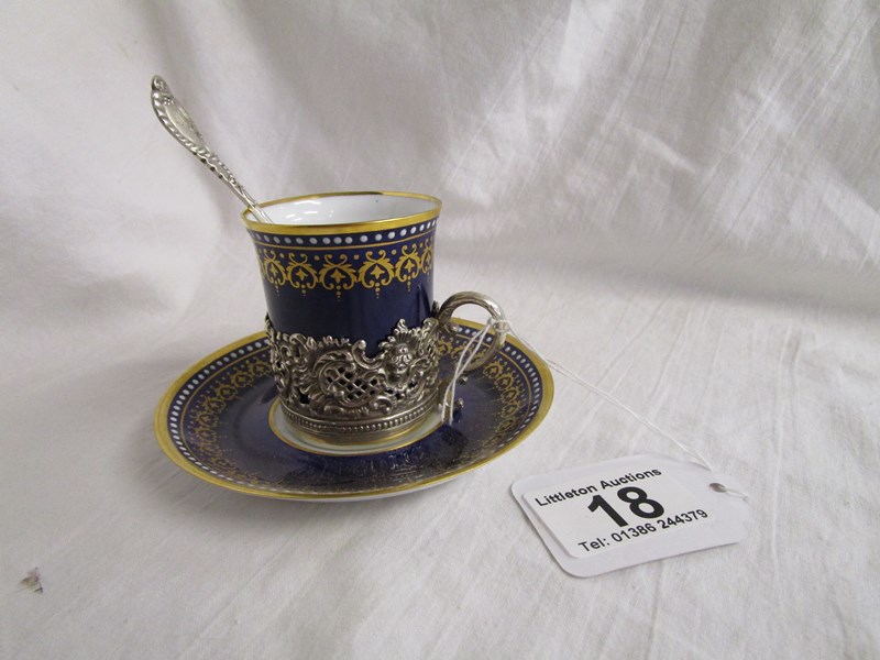 Spode silver mounted tea cup & saucer with silver spoon