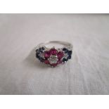 18ct white gold ruby & diamond sapphire triple cluster ring