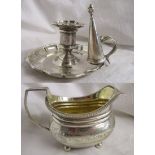 Silver candle holder with snuffer & silver cream jug (Circa 1833) - Overall approx 270g
