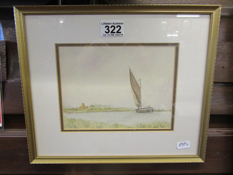 Watercolour of a wherry sailing on River Bure Norfolk by M. E. Thompson 1997