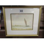 Watercolour of a wherry sailing on River Bure Norfolk by M. E. Thompson 1997