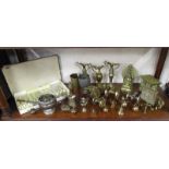 Shelf of brass, copper & silver plate