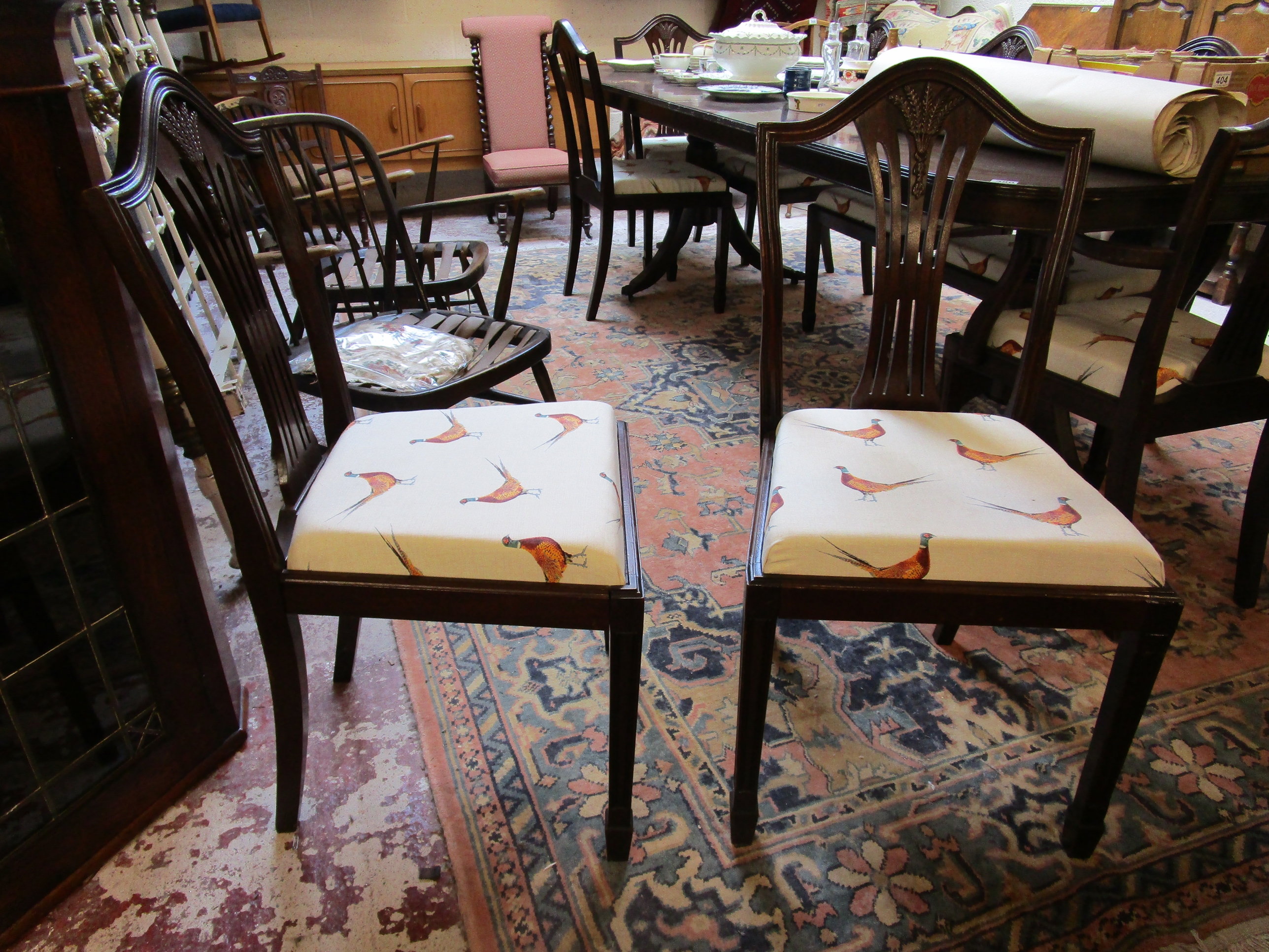 Mahogany inlaid extending twin pedestal with 2 leaves and 8 wheatsheaf chairs to include 2 carvers - Image 7 of 8