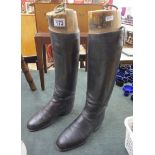 Antique riding boots with trees marked Hawkes & Co LTD