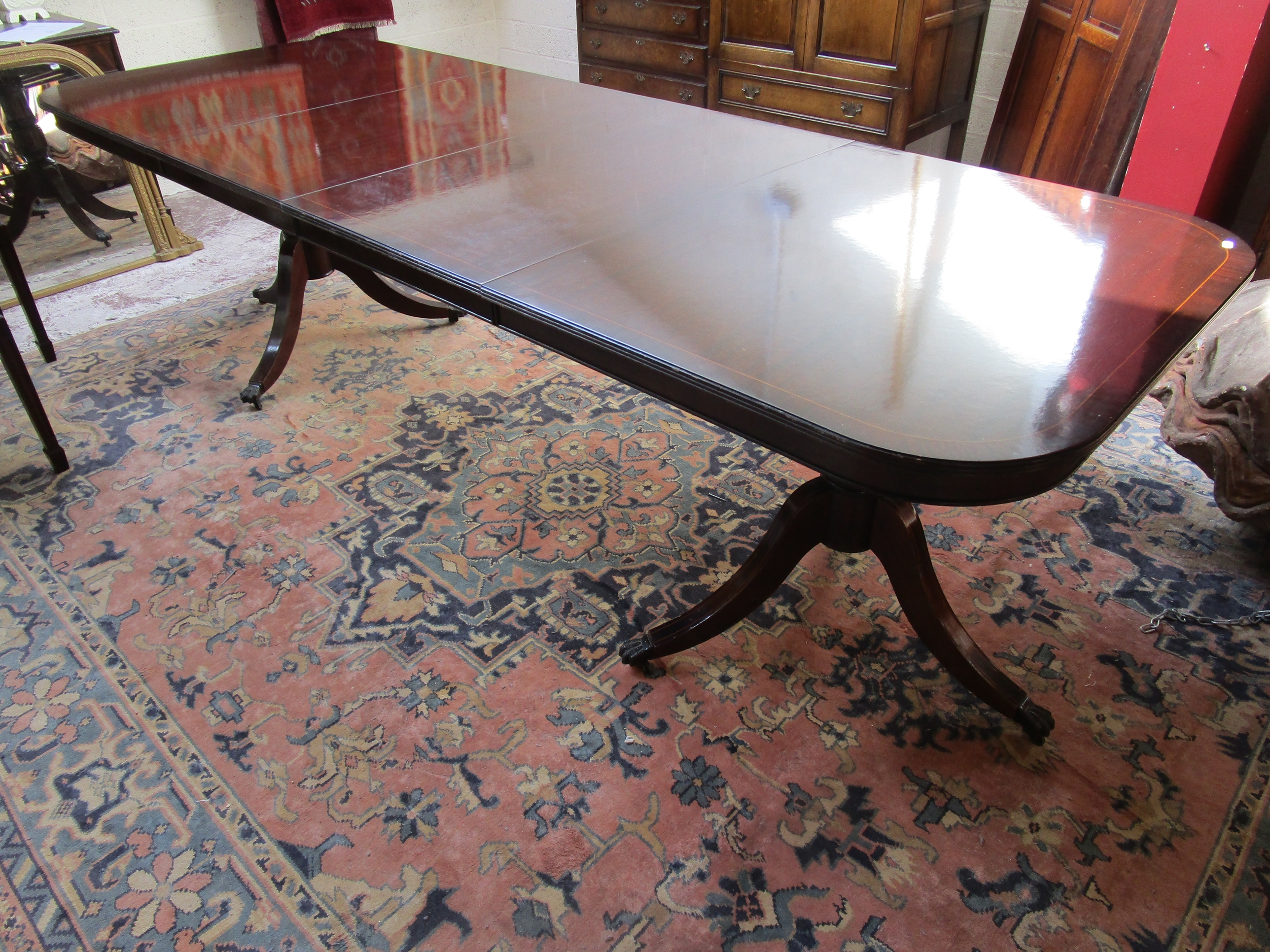 Mahogany inlaid extending twin pedestal with 2 leaves and 8 wheatsheaf chairs to include 2 carvers - Image 6 of 8