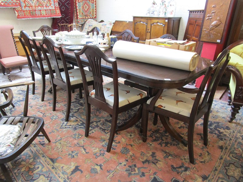 Mahogany inlaid extending twin pedestal with 2 leaves and 8 wheatsheaf chairs to include 2 carvers