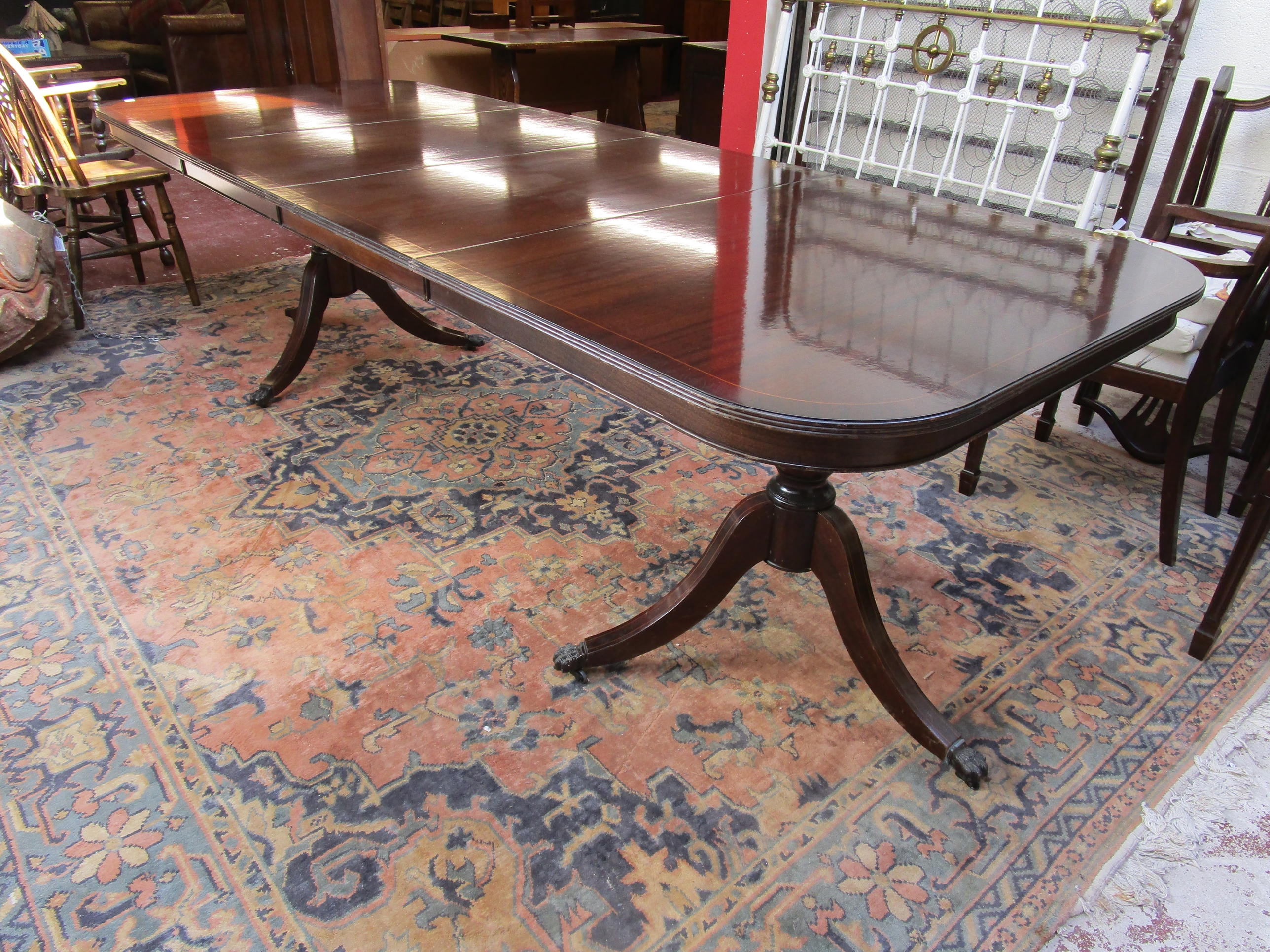 Mahogany inlaid extending twin pedestal with 2 leaves and 8 wheatsheaf chairs to include 2 carvers - Image 4 of 8