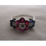 18ct white gold sapphire, ruby & diamond cluster ring