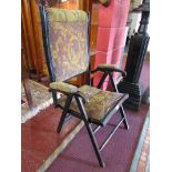 Ebonised and upholstered campaign chair (Mulberry Fabric)