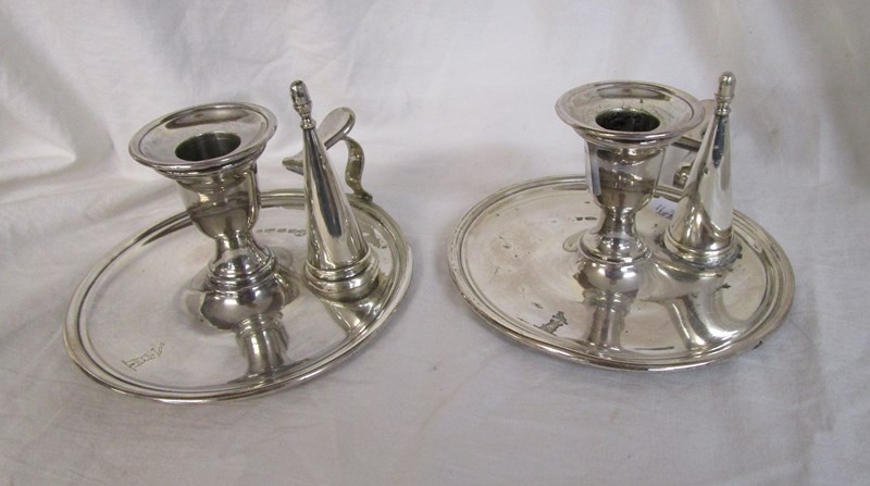 Pair of silver plate Elkington candlesticks and snuffers - circa 1885 with crest marks