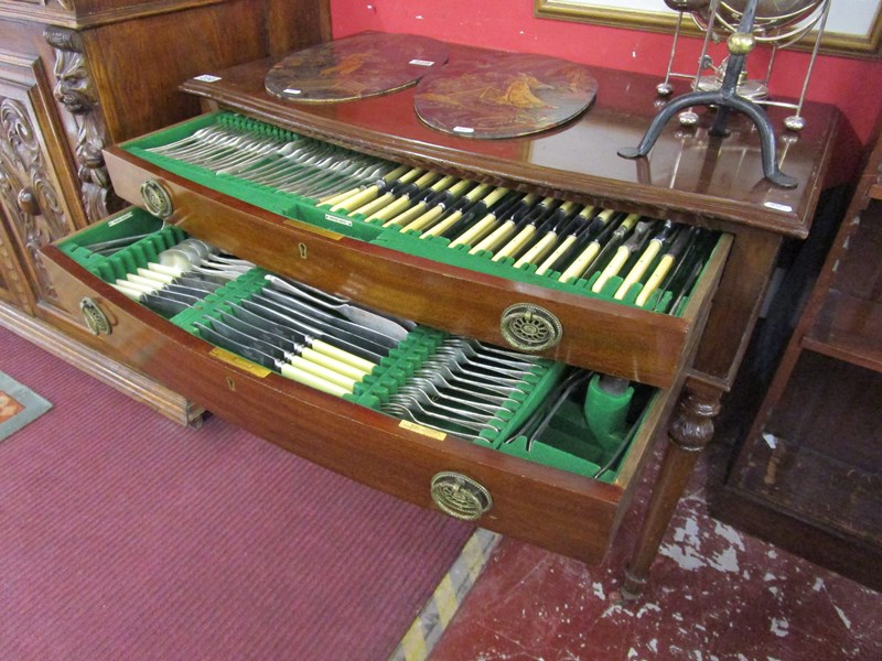 Large canteen of cutlery in mahogany 2 drawer table on castors - Approx H: 76cm x W: 92cm x d: 53cm