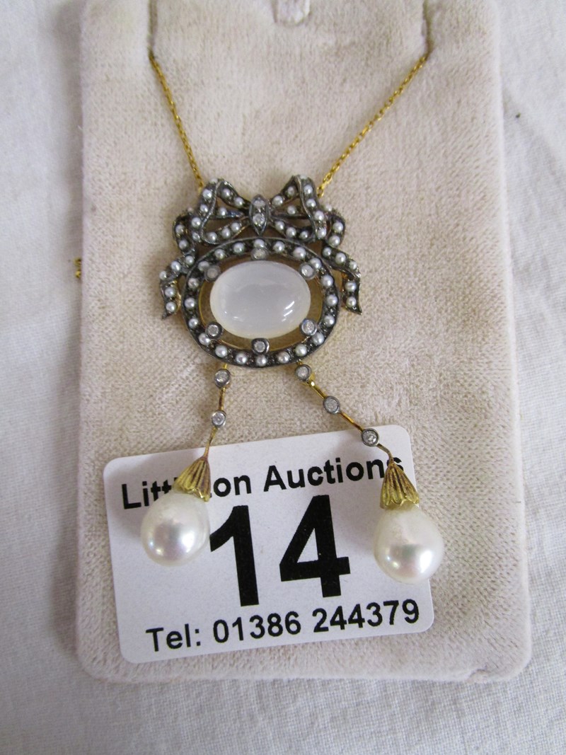 Moonstone pearl and diamond pendant on chain
