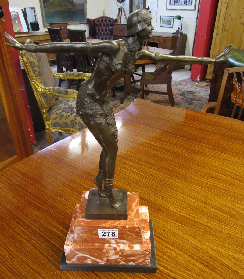 Bronze Art Deco lady on marble base - H: 49cm