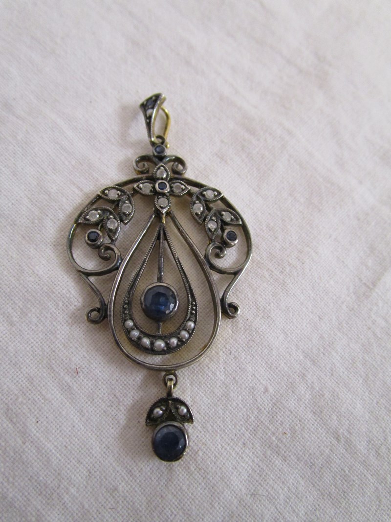 Sapphire, diamond & seed pearl pendant