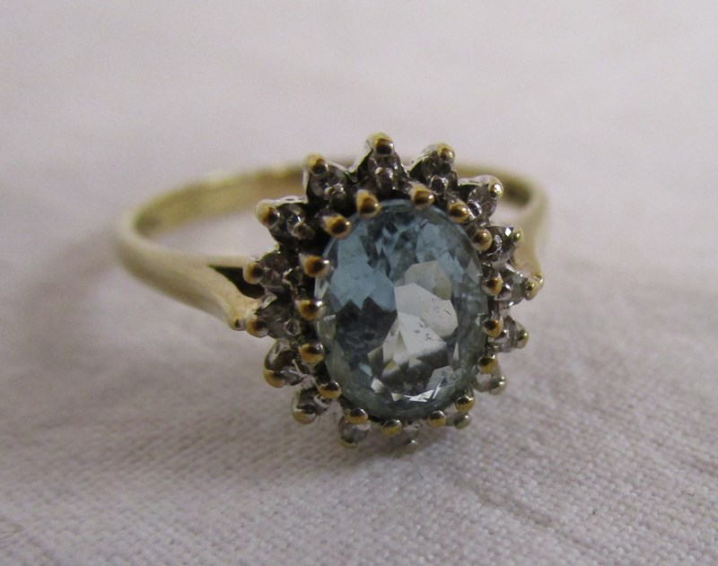 Gold diamond and aquamarine cluster ring