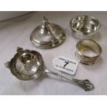 Hallmarked silver straining spoon, napkin ring and bowl