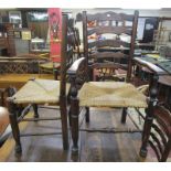 Set of 6 rush seated ladder back dining chairs to include 2 carvers