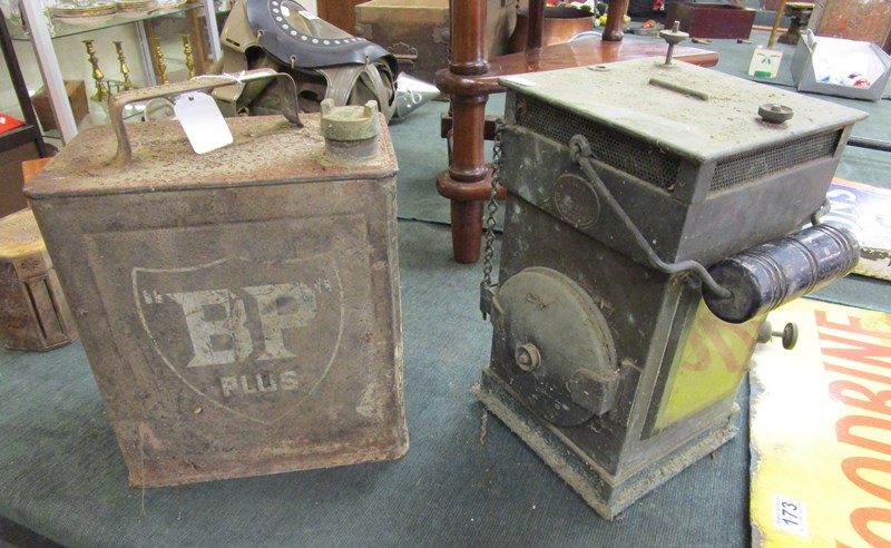 Unusual Victorian lamp by G Polkey Birmingham and early BP petrol can