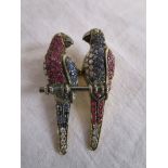 Ruby, diamond & sapphire double parrot brooch