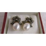 Pair of bow topped diamond & pearl earrings