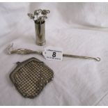 Silver mounted 'bird' button hook, white metal purse and elephant crab forks