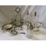 Collection of silver plate to include cruet with silver mounted bottles