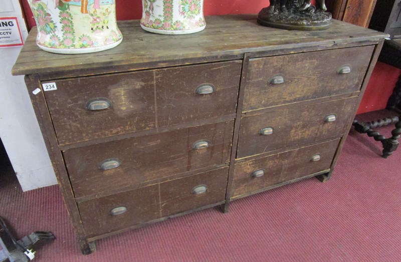 Large Victorian bank of six haberdashery drawers (H: 98cm W: 167cm D: 64cm)