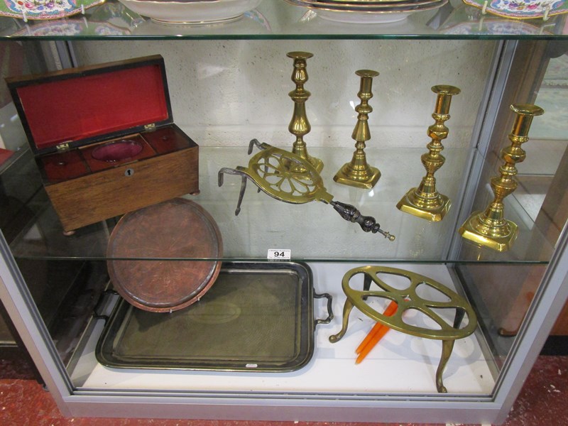 Collection of brass, 2 trays, sarcophagus tea caddy etc (over 2 shelves)