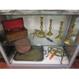 Collection of brass, 2 trays, sarcophagus tea caddy etc (over 2 shelves)