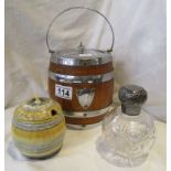 Shelley condiment pot, silver topped perfume bottle and biscuit barrel