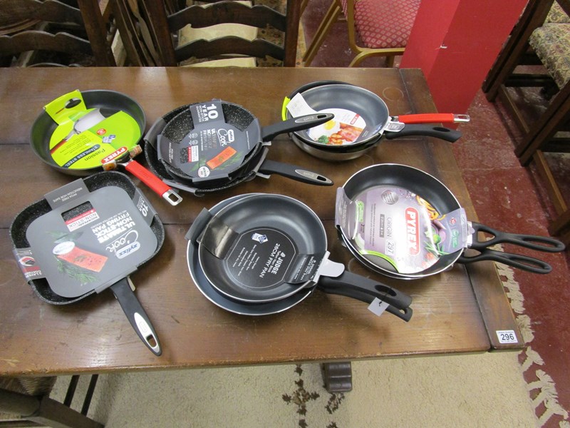 Collection of 10 new frying pans