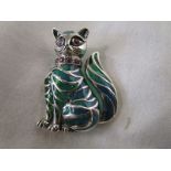 Silver champlevé enamel cat brooch